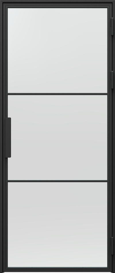 Černé moderní dveře s neprůhledným sklem. Prosklené kovové dveře. Interiérové dveře do pokoje, ložnice, pracovny