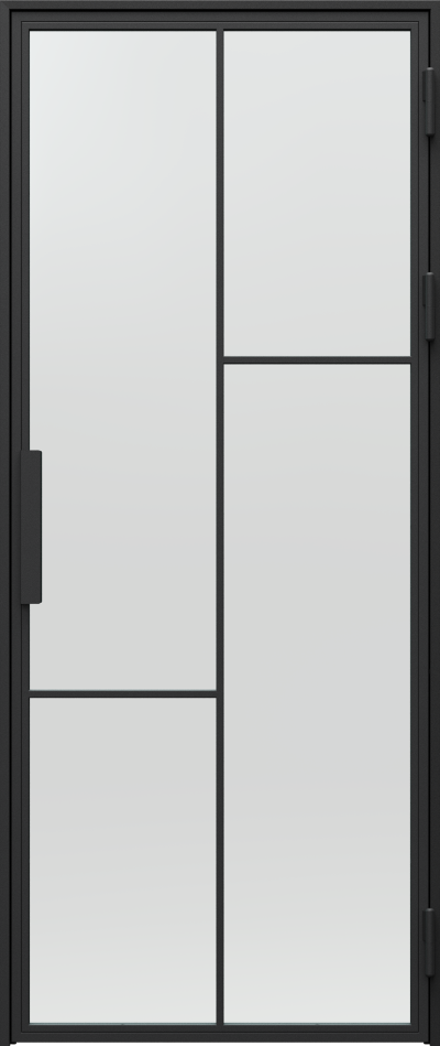 Moderní prosklené dveře. Dveře s neprůhledným sklem. Kovové černé dveře do interiéru - pokoje, ložnice, pracovny