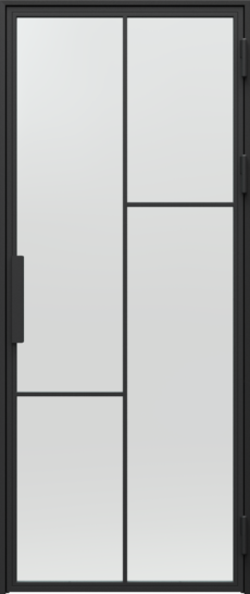 Moderné presklené dvere. Dvere s nepriehľadním sklom. Kovové čierne dvere do interiériu - izby, spálne, pracovne